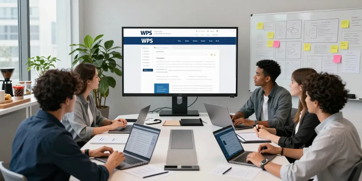 Team collaborating on the WPS Official Website in a modern office environment, showcasing teamwork and technology.