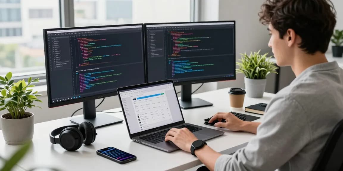 rokok88 login interface on dual monitors in a modern tech workspace, showcasing a productive development environment.