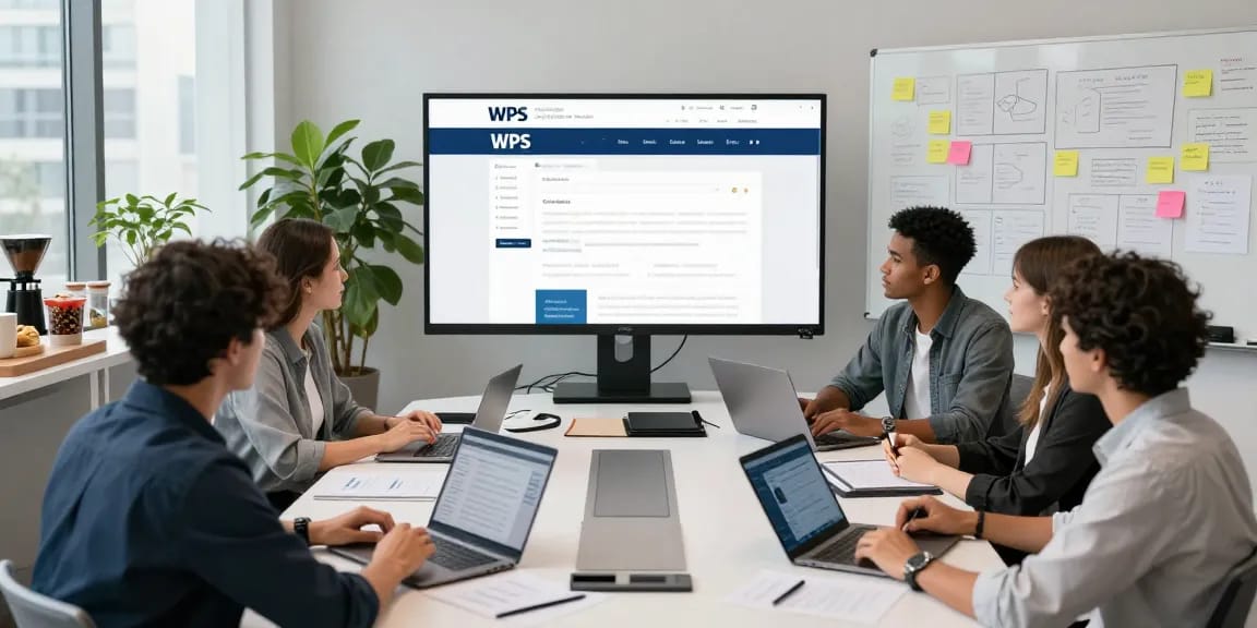 Team collaborating on the WPS Official Website in a modern office environment, showcasing teamwork and technology.
