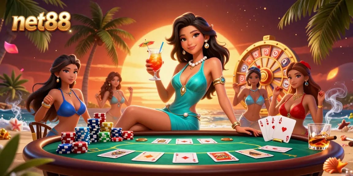 Engage with net88's vibrant tropical casino scene showcasing a glamorous Asian woman and poker elements.
