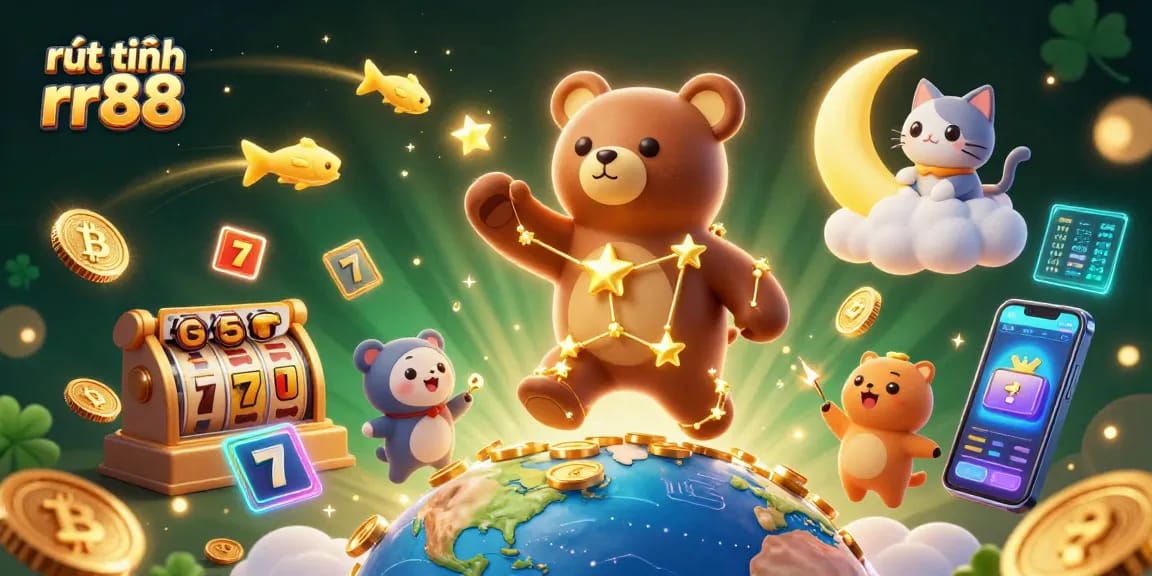 Engage with rút tiền rr88 in a dynamic casino-themed illustration featuring lucky symbols and golden stars.