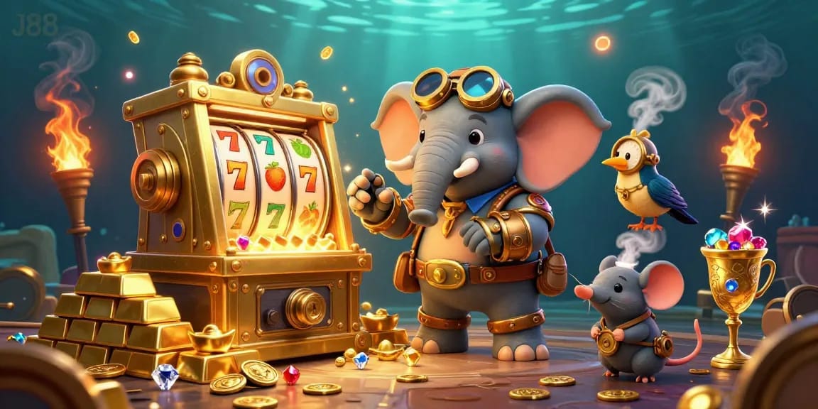 Engage with J88's vibrant 3D casino scene featuring a steampunk elephant at a golden slot machine.
