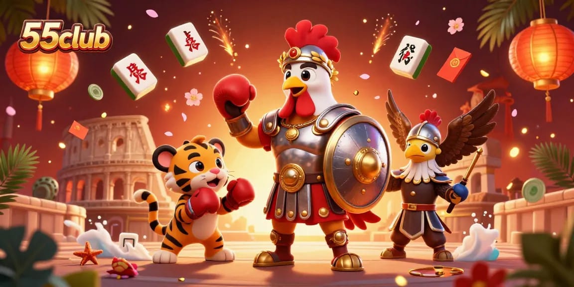Engage in thrilling action with 55club as the gladiator rooster commands a lively gaming arena.
