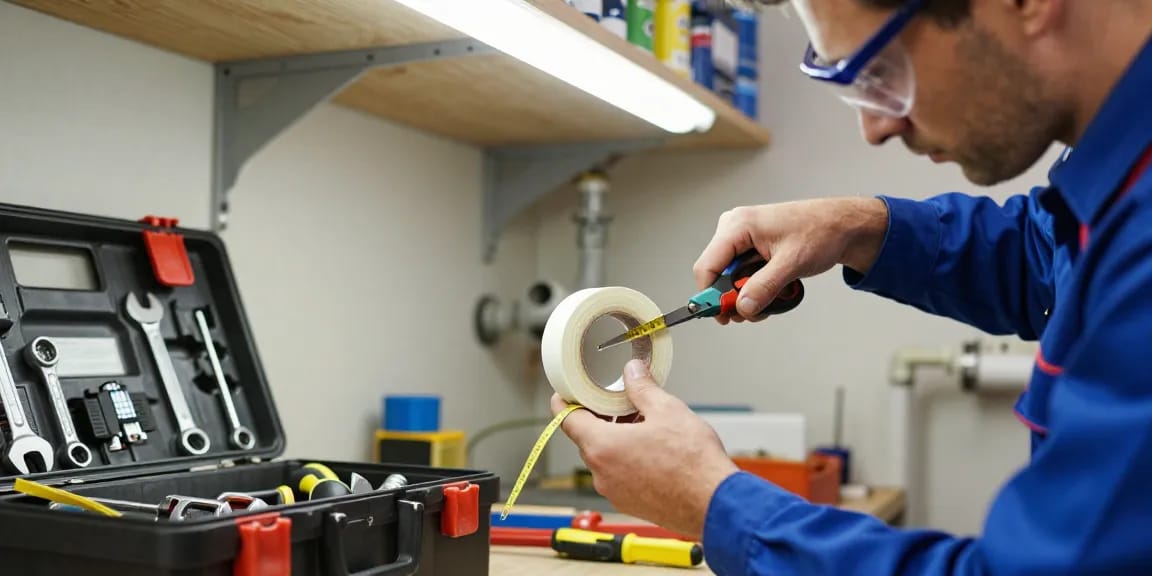 Nastro idraulico applicato da un idraulico esperto in un laboratorio attrezzato.