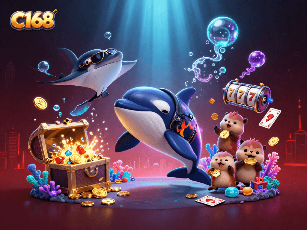 C168 offers dynamic gaming action with a vibrant underwater scene featuring sea creatures and casino elements.