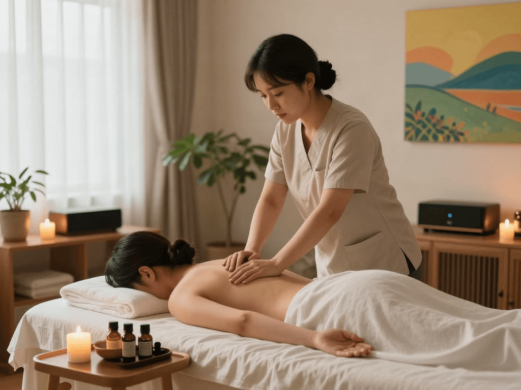 Expert therapist providing 관악구출장마사지 in soothing home environment with candles and plants.