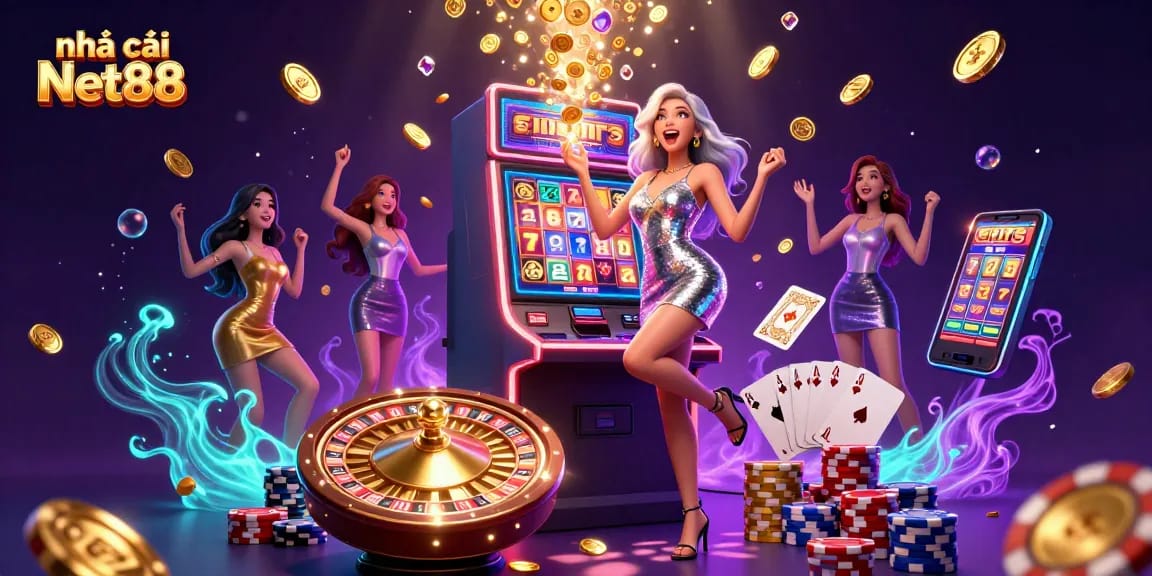 Experience excitement at nhà cái Net88 with cascading gold coins and jackpot celebrations!
