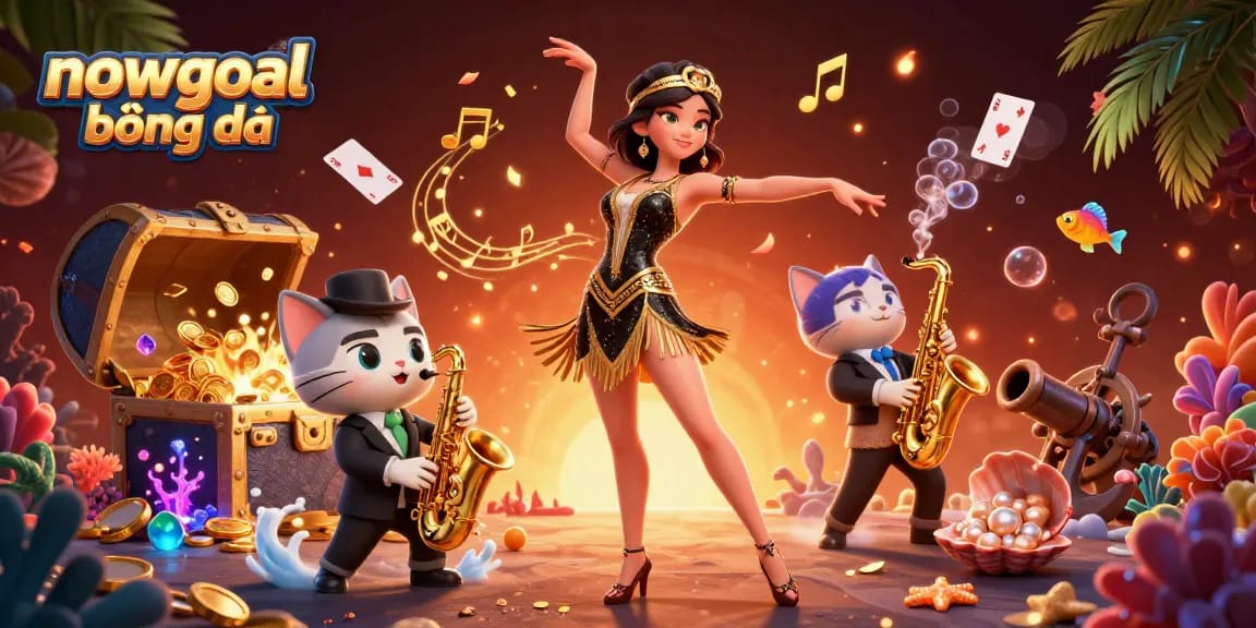 Experience thrilling nowgoal bóng đá action with a lively illustration of a woman in a glittering flapper dress and a saxophone-playing cat amidst casino elements.