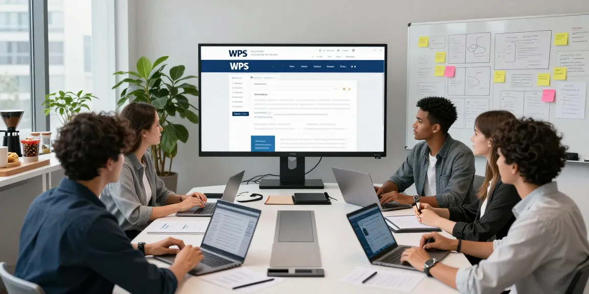 Team collaborating on the WPS Official Website in a modern office environment, showcasing teamwork and technology.