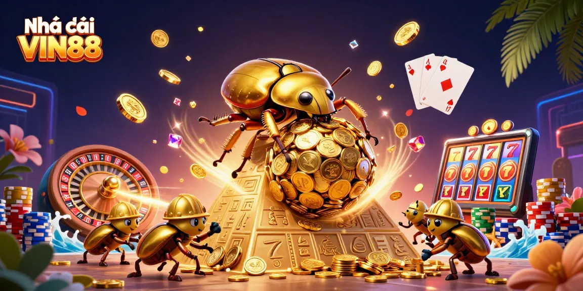 Experience the excitement at Nhà cái VIN88 with vibrant 3D casino artwork showcasing games and golden coins.