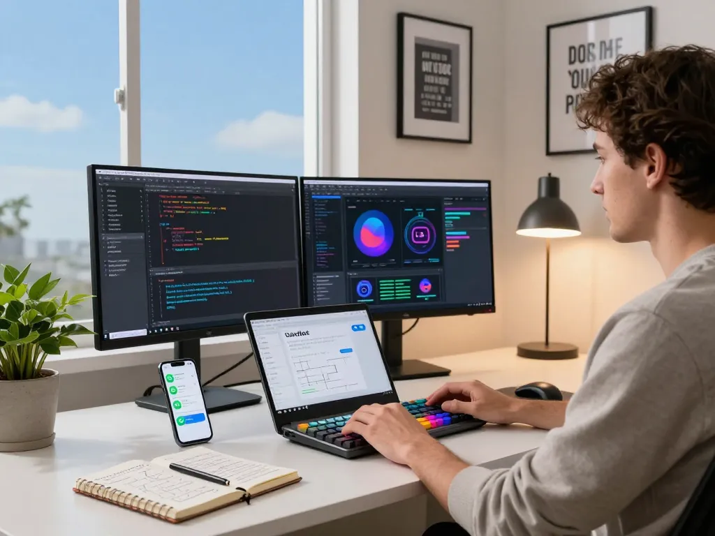 Developer using Clawdbot AI in a modern home office setup with dual monitors and laptop