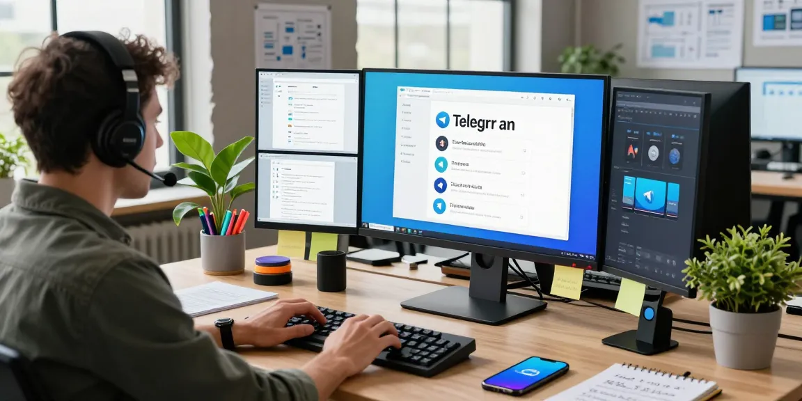 Engaged user utilizing the Telegram web version in a sleek workspace, surrounded by tech and productivity tools
