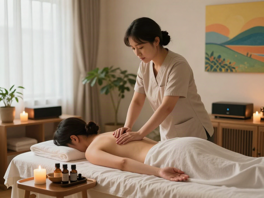 Expert therapist providing 관악구출장마사지 in soothing home environment with candles and plants.