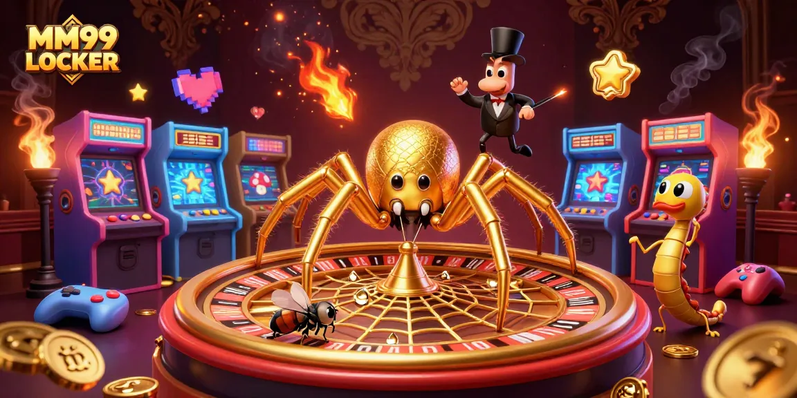 Experience high-stakes action with MM99 LOCKER's golden spider spinning a roulette web, and thrilling arcade elements.
