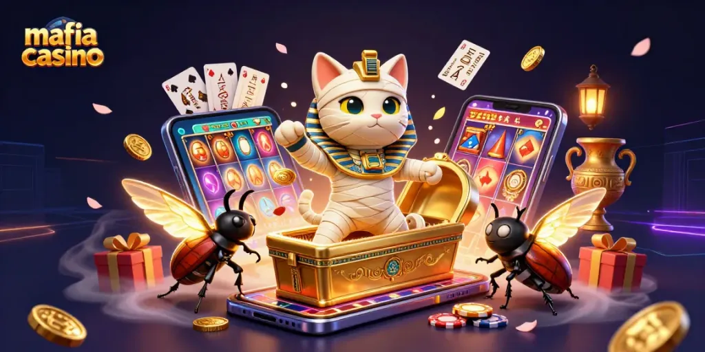 Experience the thrill of mafia casino with a dynamic scene of Egyptian mummy and casino games.