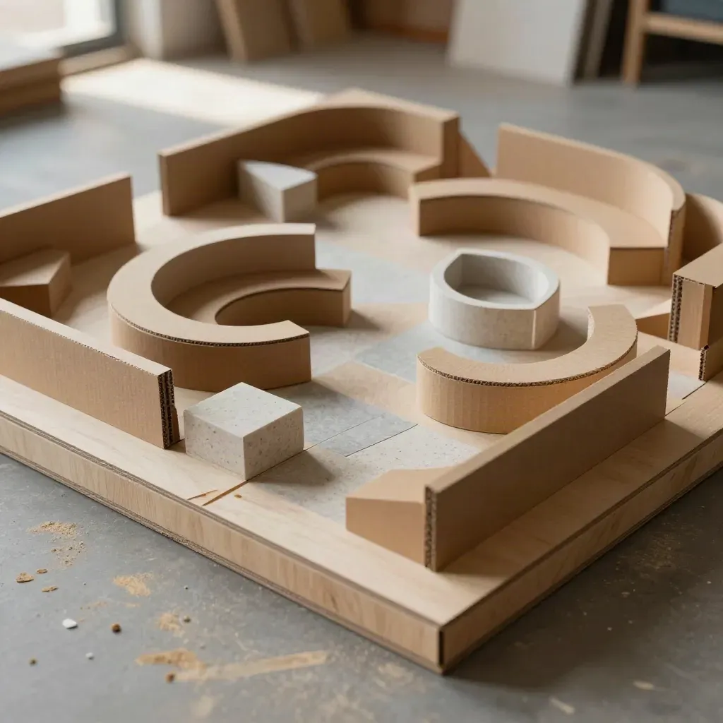 Mockup di circolazione in cartone e legno, viste diagonali di passaggi e volumi nello studio.