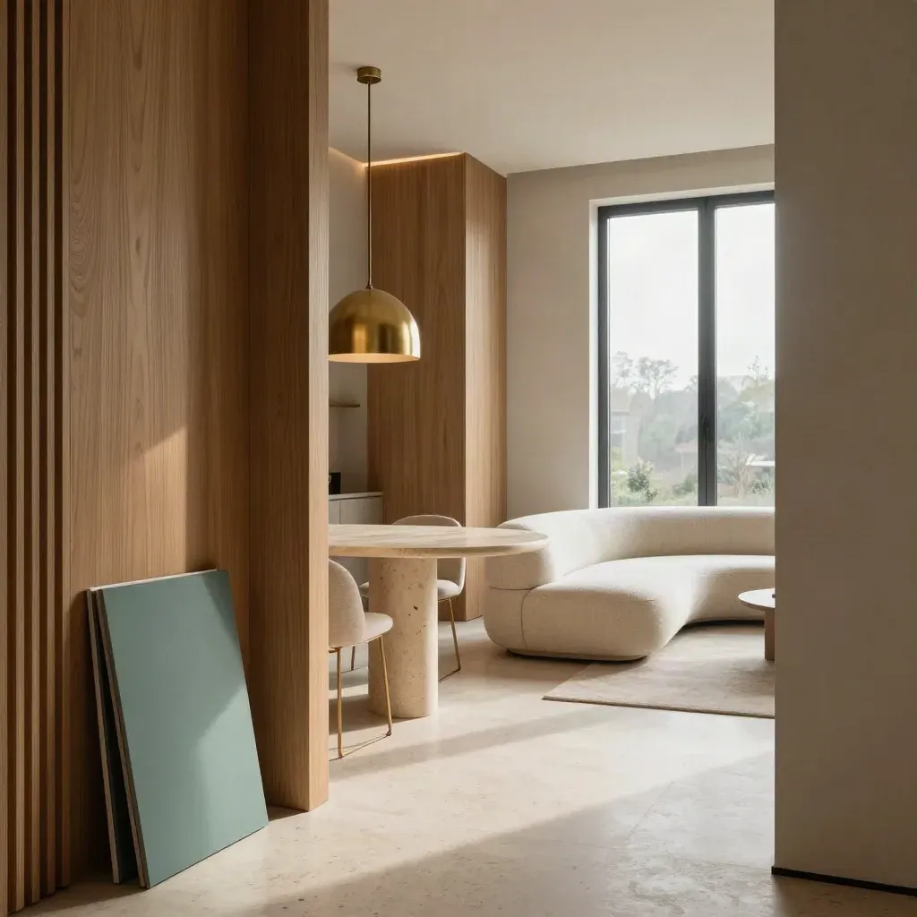 Living-dining milanese con rovere, travertino, divano scultoreo e luce morbida dopo la pioggia