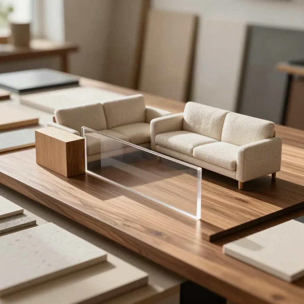 Modello 3D d’interni con mini divano, blocco in legno e volume acrilico su banco di studio.