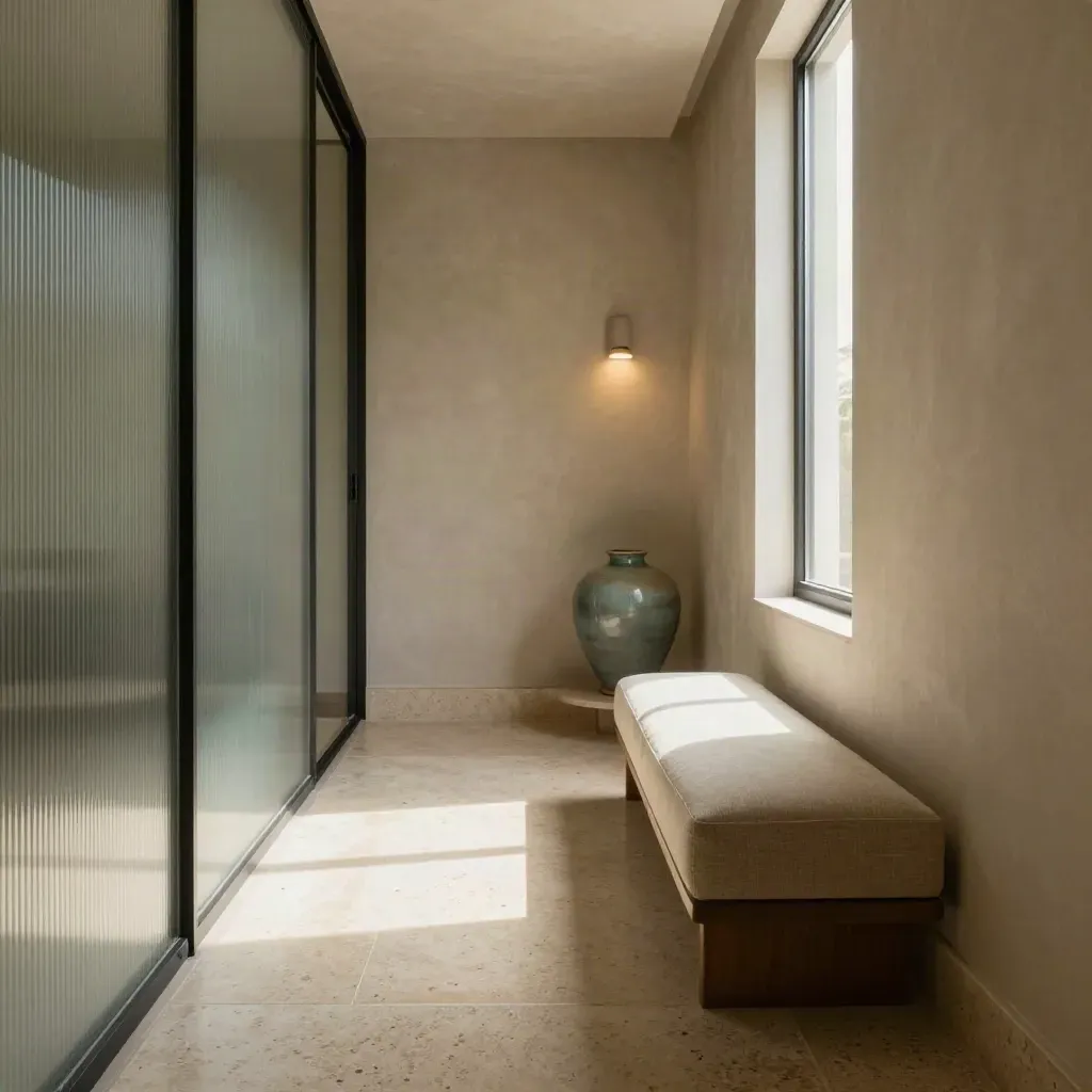 Corridoio luminoso con pietra, vetro rigato, panca in tessuto e vaso ceramico teal