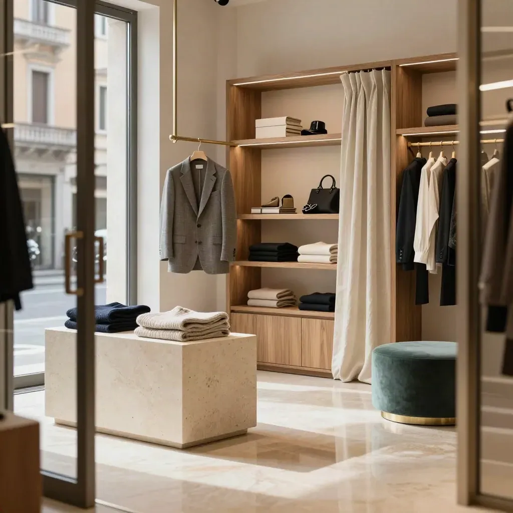 Boutique moda elegante a Verona con plinti in travertino, rovere e luce naturale morbida.