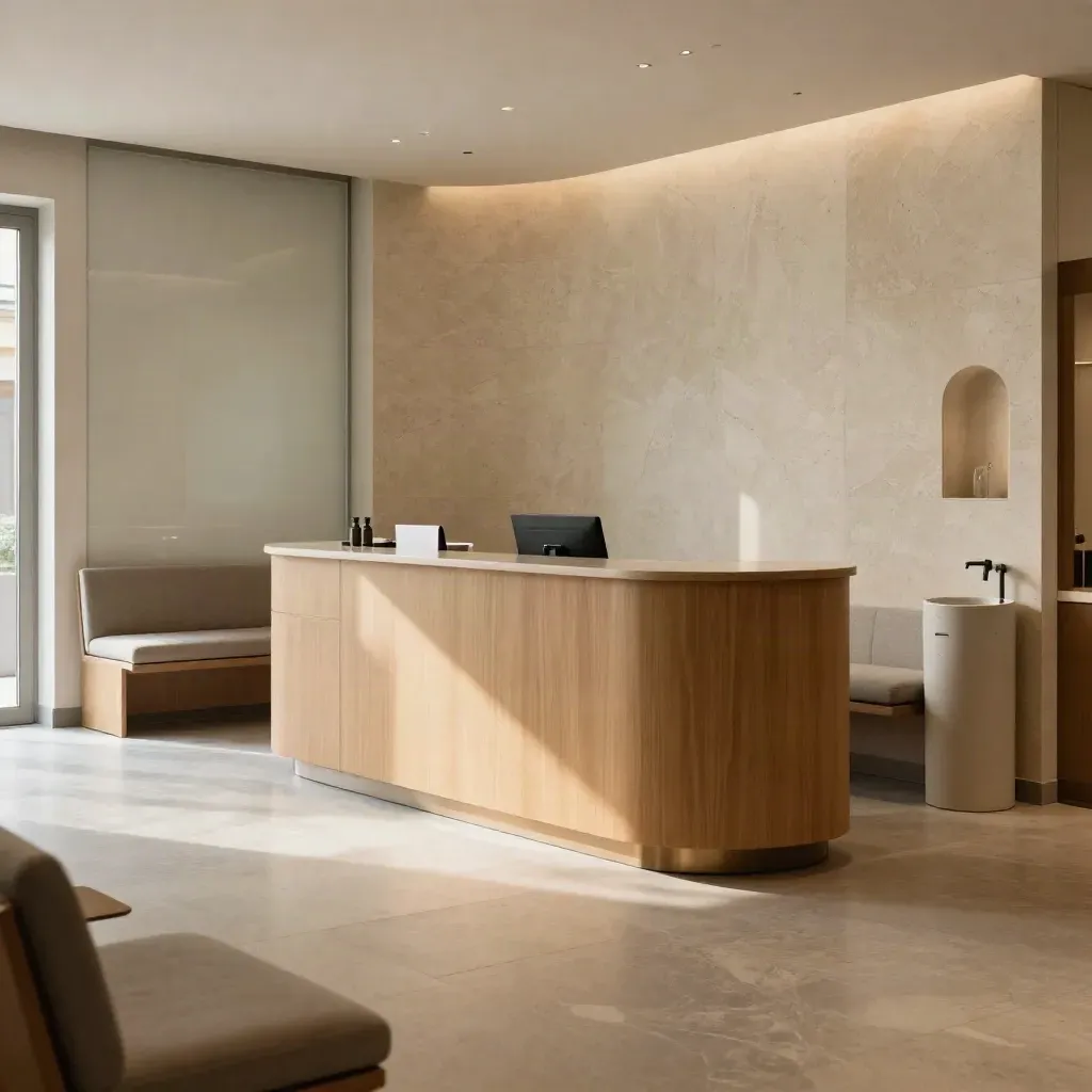 Sala d’attesa medica elegante con reception curva, pavimento in pietra e luce calda diffusa.