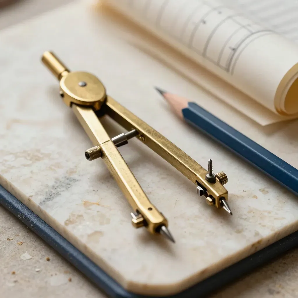 Compasso in ottone, matita e vellum su pietra travertino con accento blu notte.