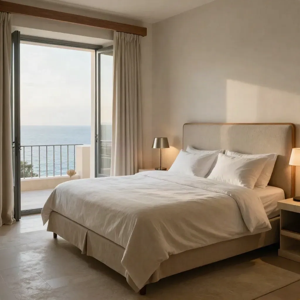 Camera vista mare a Genova, letto coordinato, lampada calda e finiture in pietra chiara.