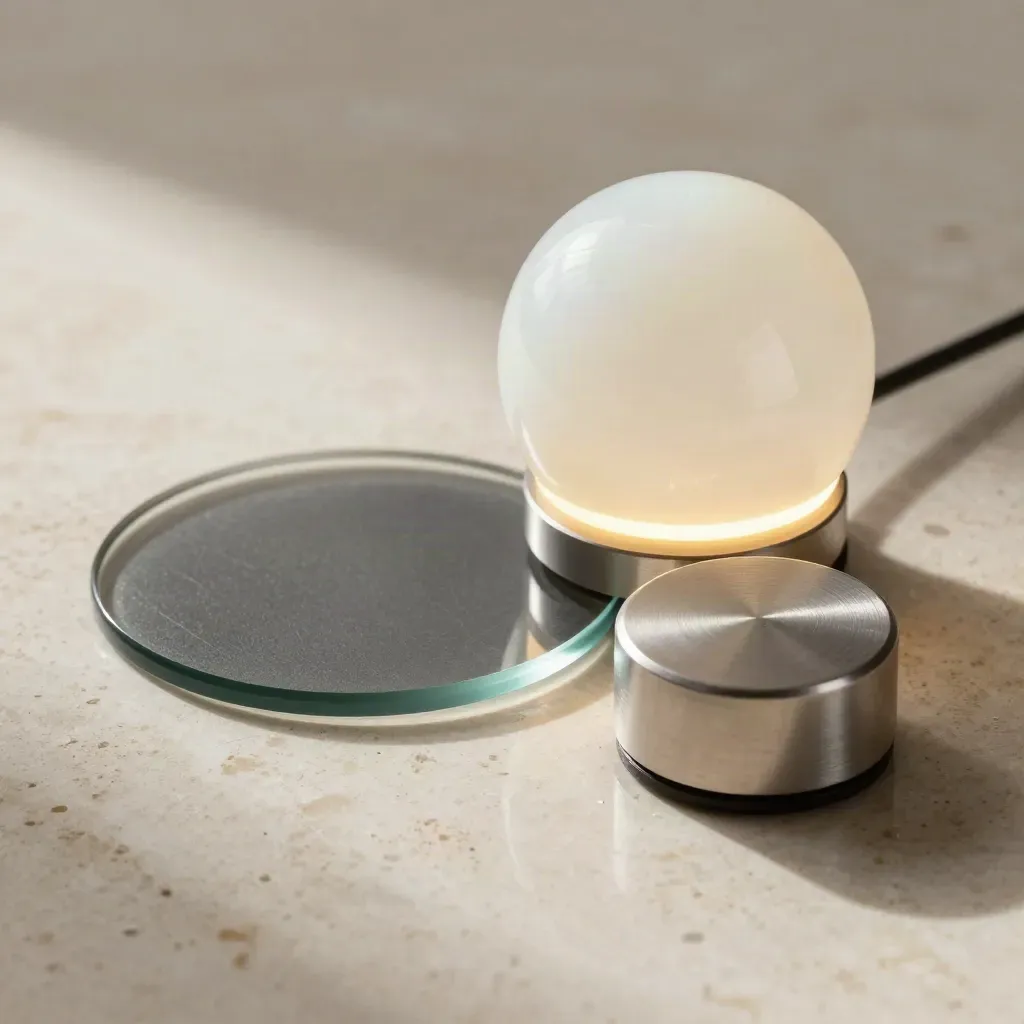 Dettaglio macro di lampada opalina, striscia LED, vetro fumé e manopola metallica