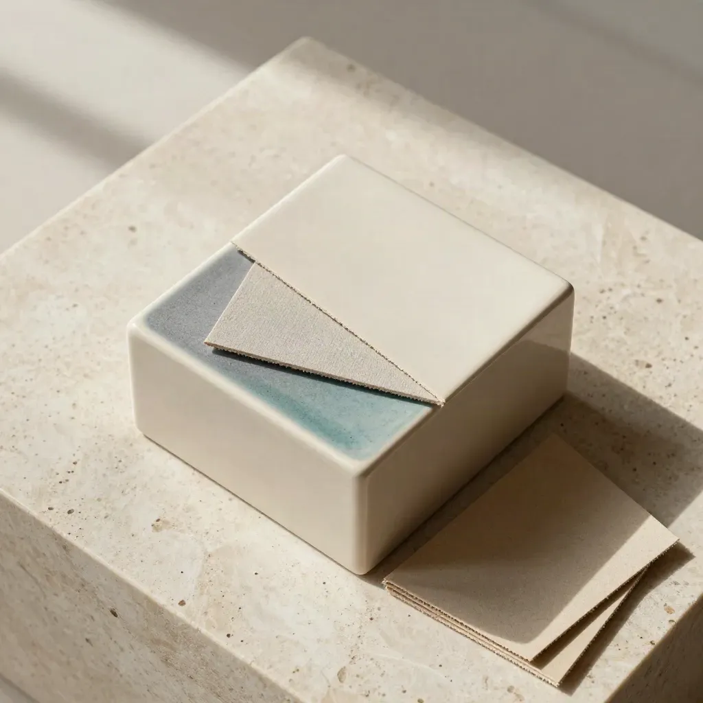 Flatlay di campioni materiali con cubo ceramico e deck piegato su pietra chiara.