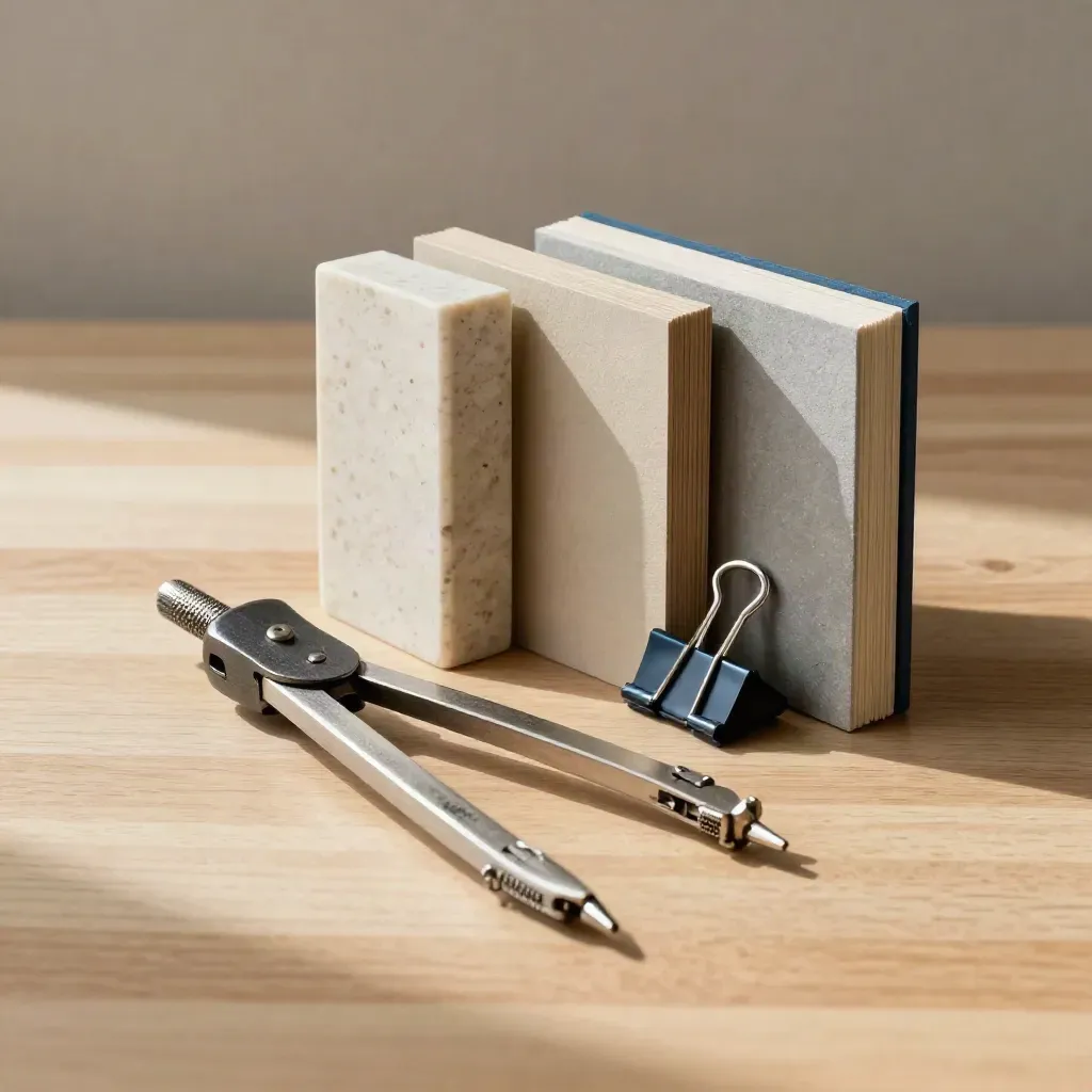 Compasso tecnico, campioni e tavole esecutive su legno chiaro, luce morbida.