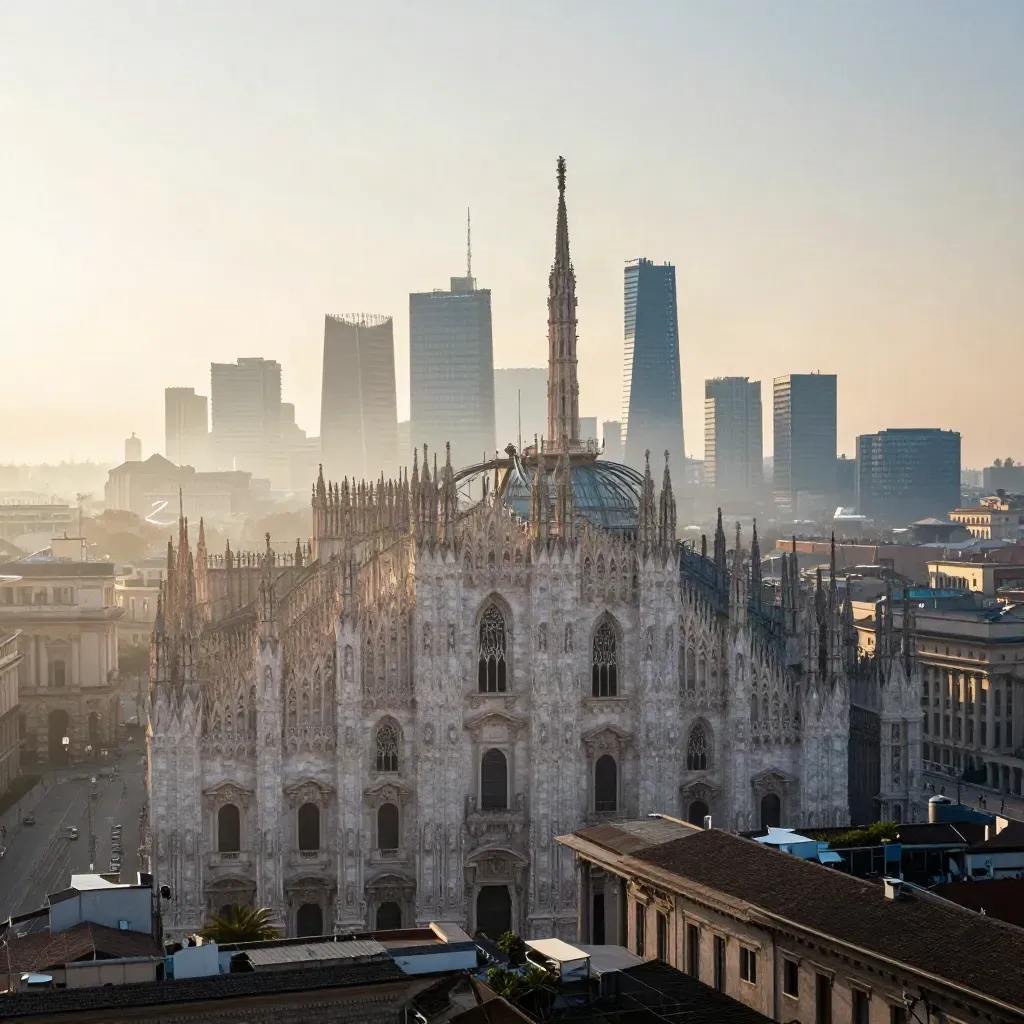 Panorama di Milano all’alba con il Duomo e il Bosco Verticale nella foschia.