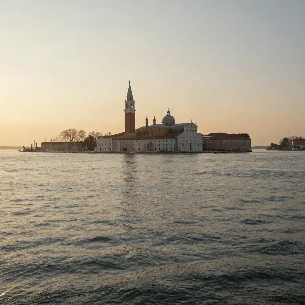 Laguna di Venezia al tramonto con San Giorgio Maggiore e acqua calma in luce dorata