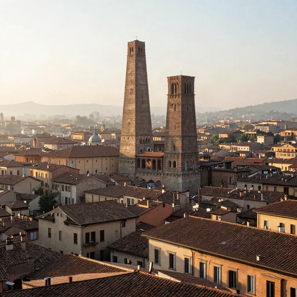 Panorama di Bologna con le Due Torri sopra tetti in terracotta e foschia calda.