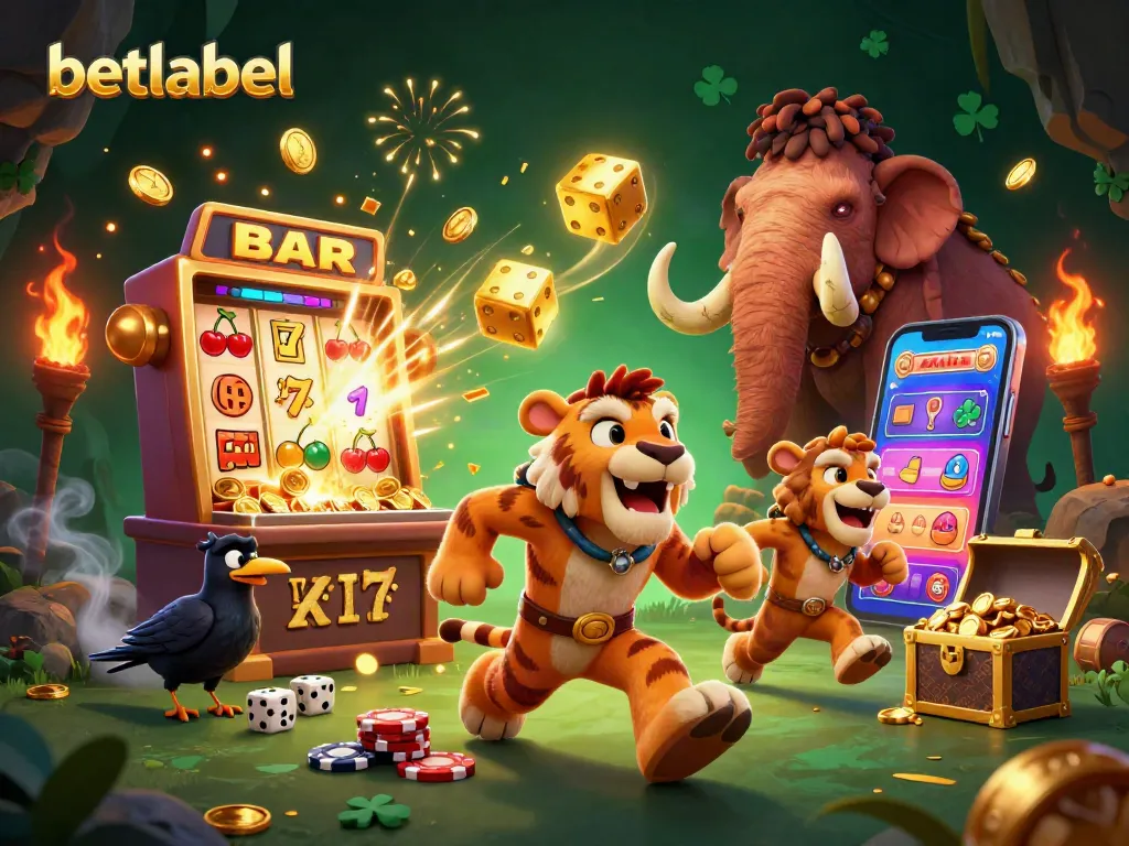 Betlabel casino features a captivating scene with cavemen and a sabertooth tiger playing games and winning jackpots.