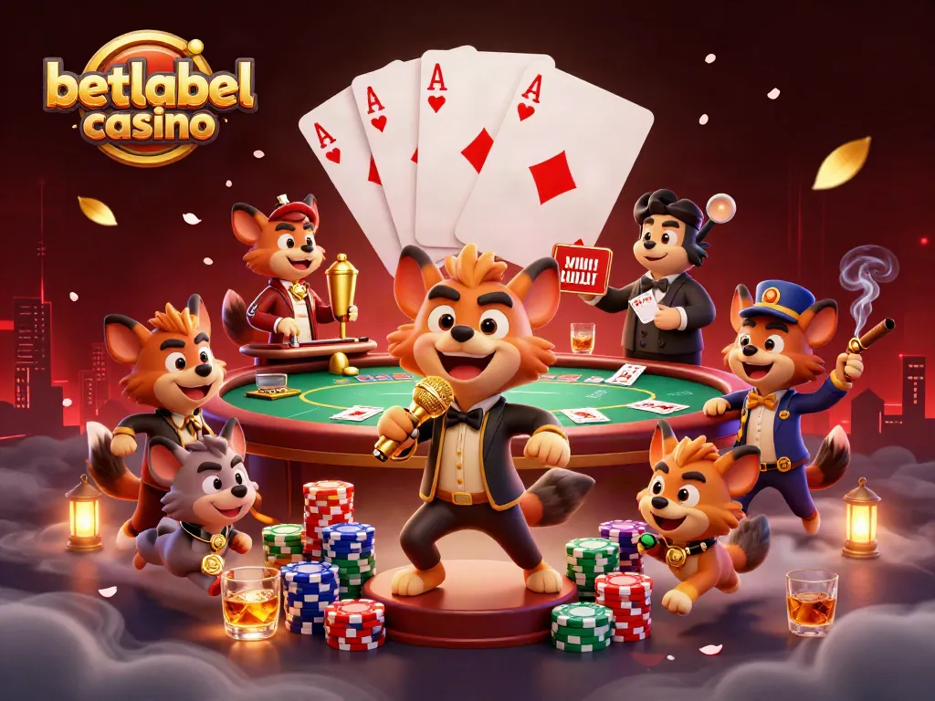 BetLabel Casino showcases laughter and gaming with hyenas at a comedy club, vibrant and engaging