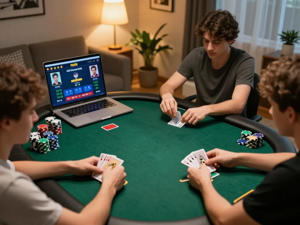 Engaging online poker session at nhà cái Net88, showcasing players in a home setting, competitive yet relaxed atmosphere.
