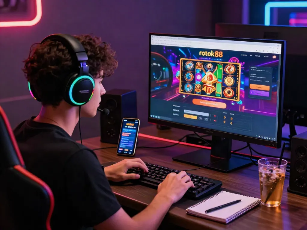 Engaging online casino player using the rokok88 slot login on a modern computer.