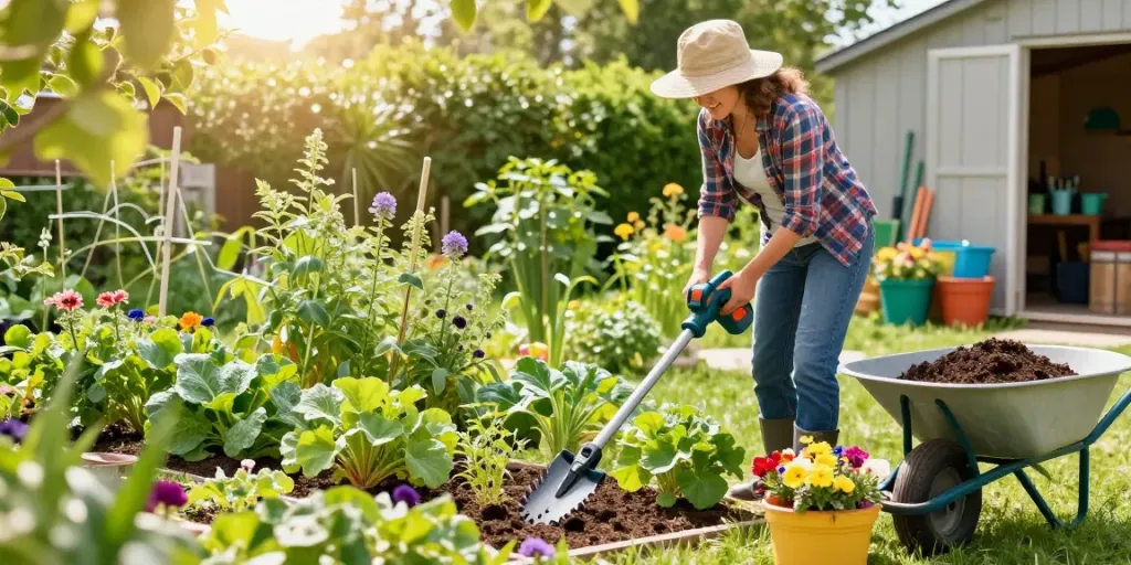 Attività di giardinaggio con strumenti bosch giardinaggio e piante fiorite in un ambiente soleggiato.