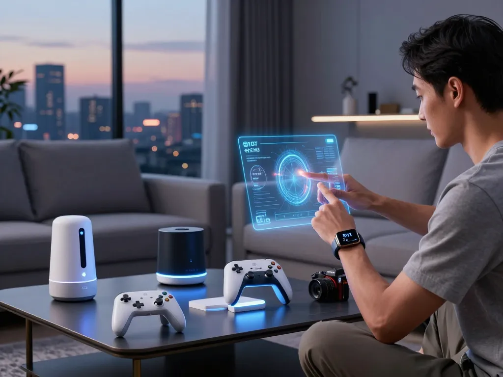 Showcase of top 10 tech gadgets 2070 with Bluetooth devices in a modern living room setting.