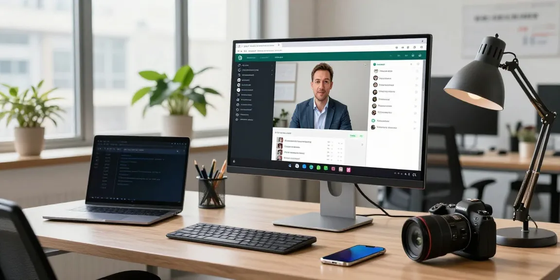 Professional user actively utilizing WhatsApp網頁版 on desktop surrounded by modern tech accessories in a bright office environment.