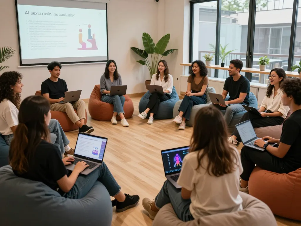 AI sex technology workshop participants discussing intimacy innovations in a modern wellness studio.