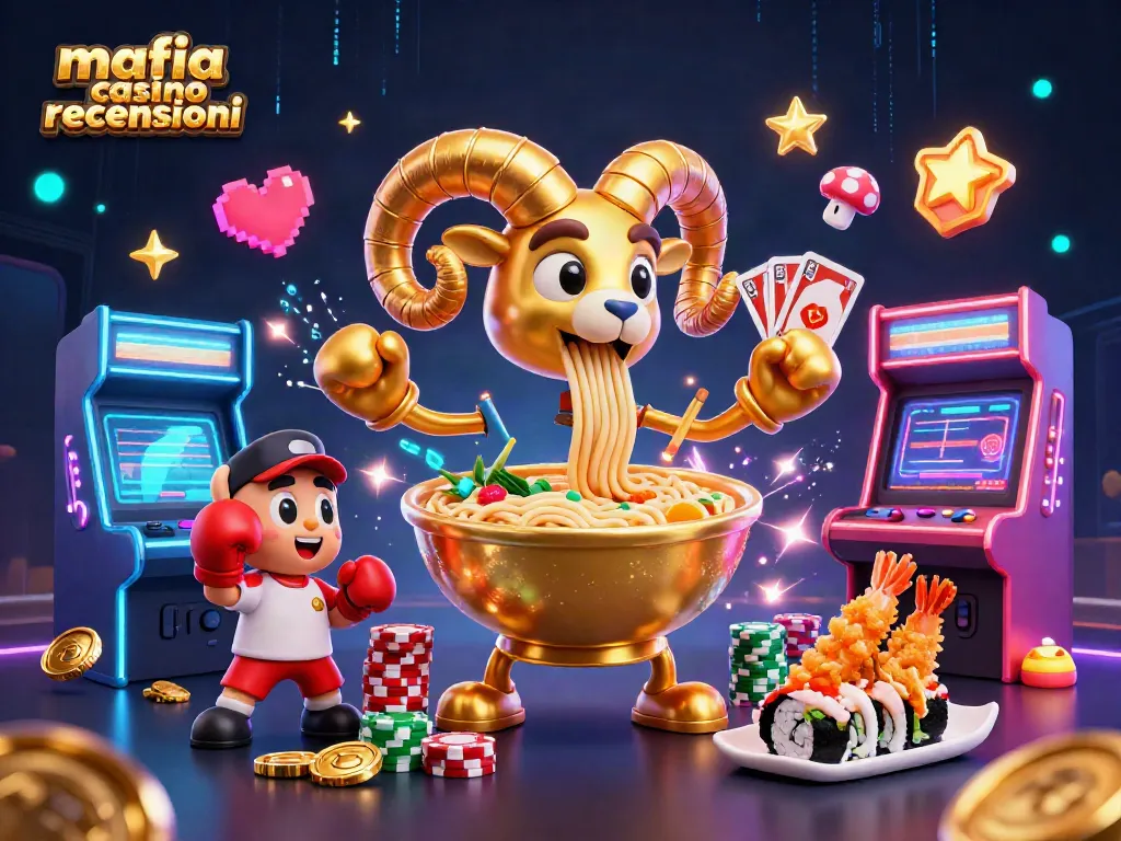 Mafia casino recensioni showcasing a vibrant 3D illustration with a golden ramen bowl dealer and energetic gaming elements.