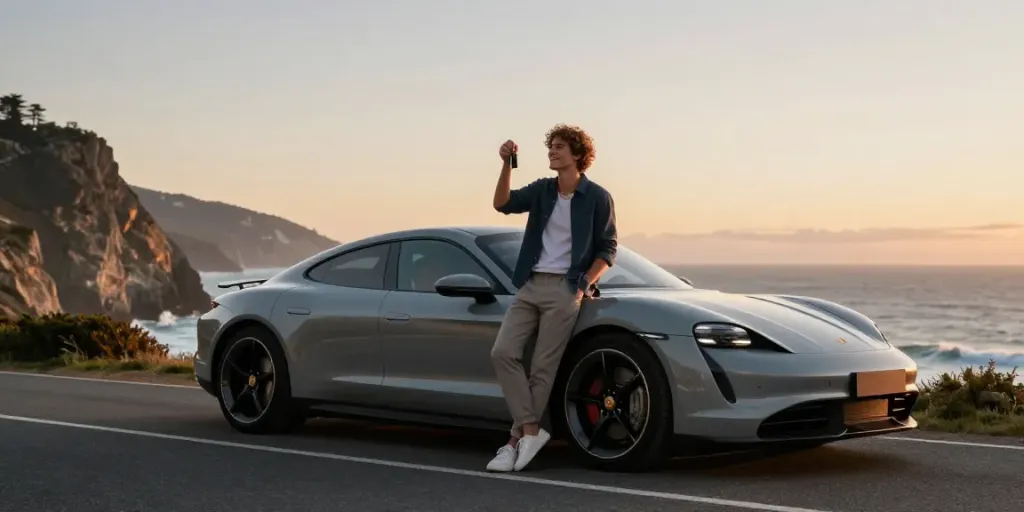 Noleggio lungo termine Porsche in un contesto scenico con un'auto di lusso parcheggiata sulla costa.