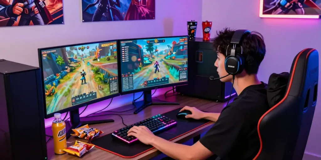 Gamer engaged with rokok88 alternatif on a multi-monitor setup, surrounded by gaming gear and vibrant atmosphere.
