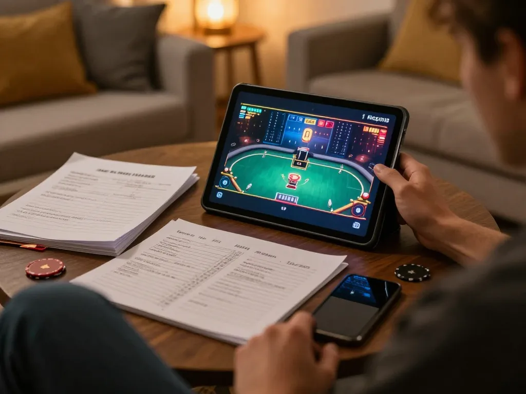 Engaging in game đổi thưởng uy tín on a tablet surrounded by strategy notes and warm home lighting.