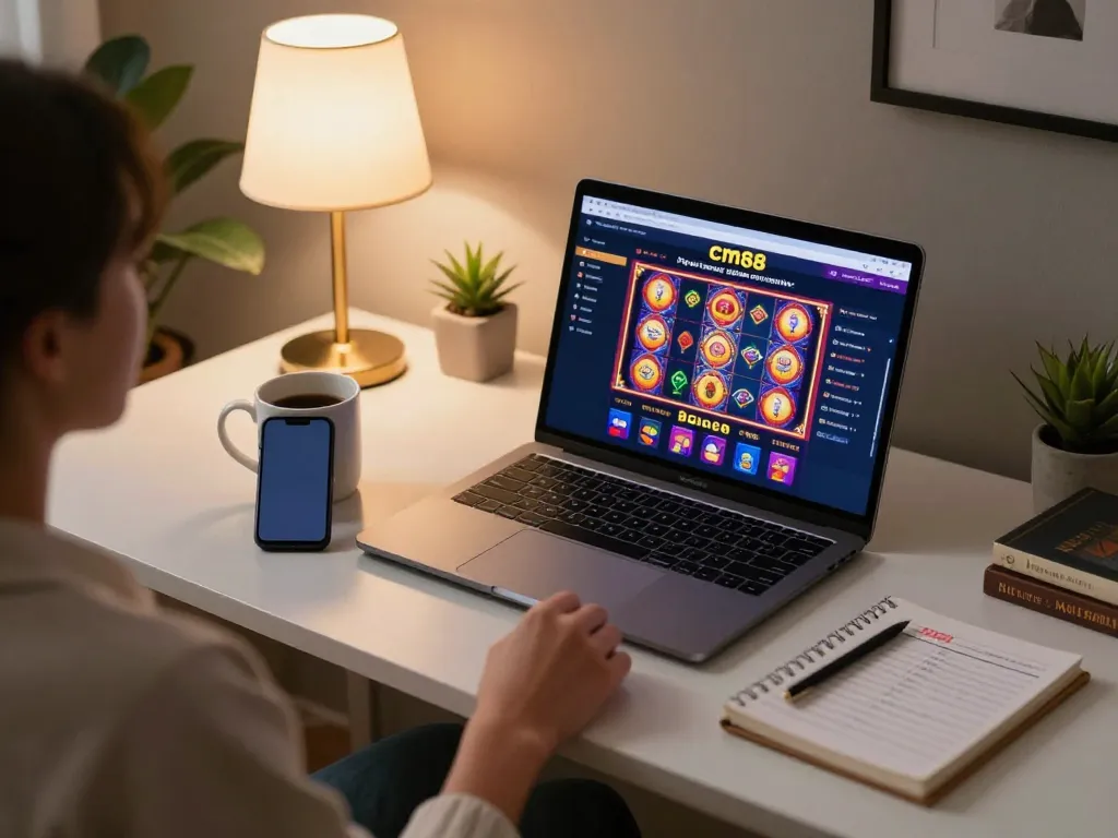 Player engaging in cm88 online casino gaming on a laptop with vibrant slot games displayed