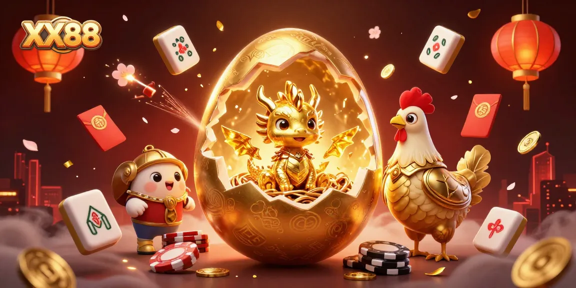 Immerse in XX88's vibrant casino world with a golden dragon and poker chips amidst dynamic game elements.